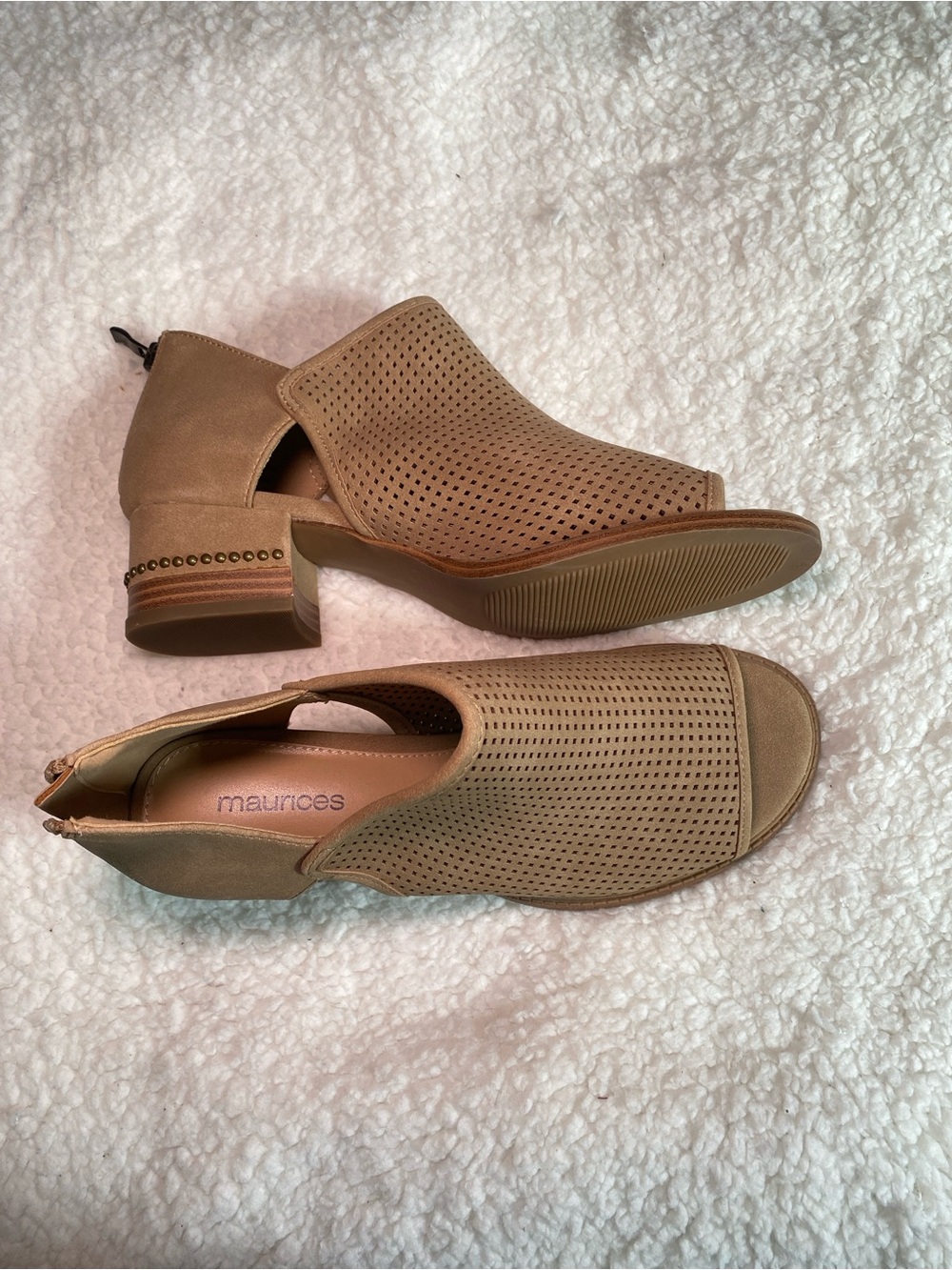 Maurices Taupe Perforated Peep-Toe Block Heel Mules